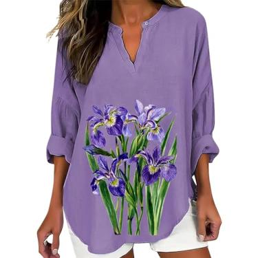 Imagem de Blusa feminina de conscientização de Alzheimers roxa floral estampada de linho túnica manga longa gola V blusas casuais de verão 2024, Azul-celeste, XXG