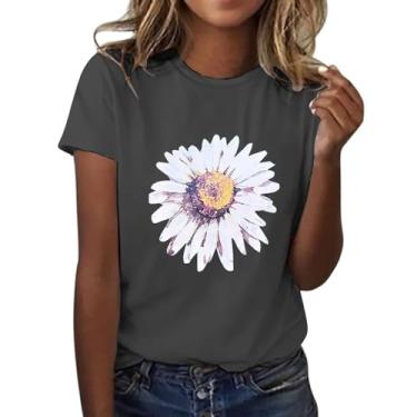 Imagem de Camiseta feminina com estampa floral, manga curta, gola redonda, leve, macia, casual, roupa de verão, ajuste técnico, Cinza escuro, GG