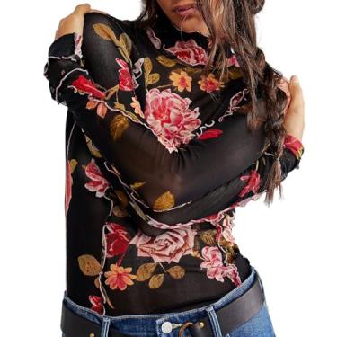 Imagem de Camiseta feminina de malha com estampa floral, manga comprida, gola redonda, transparente, acabamento de alface, transparente, Y2k, blusa de verão, Uma blusa floral preta, P