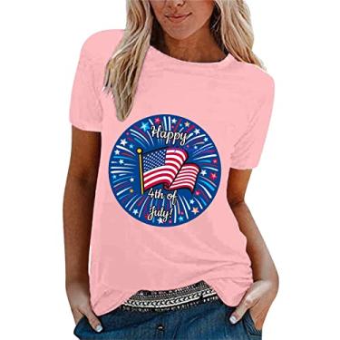 Imagem de Camiseta feminina patriótica bandeira americana Happy 4th of July Gift Shirt Stars Stripes Graphic Short Sleeve Casual Tops, rosa, G