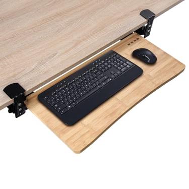 Imagem de D'vine Dev Bandeja de teclado sob a mesa com descanso de pulso – Gaveta de teclado de madeira de bambu com teclado e mouse pad de tamanho completo, madeira original, KBT-1