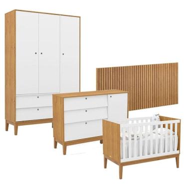 Imagem de Quarto de Bebê Unique 3 Portas com Cômoda Sapateira e Painel Ripado Freijó Branco Soft Eco Wood - Matic