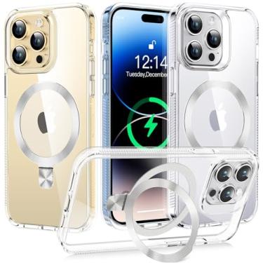 Imagem de TLIKEMISS [Anel de CD compatível com suporte invisível MagSafe] Capa magnética para iPhone 14 Pro, [amortecedor transparente que não amarela][parece um iPhone nu] Capa fina transparente com suporte