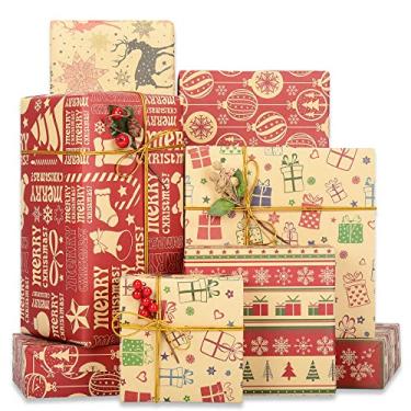 Imagem de Rancco Papel de embrulho de Natal, papel kraft marrom com caixa de presente de floco de neve, árvore de Natal, boneco de neve, alce, sinos para embrulho de presente de Natal, 5 peças de papel de