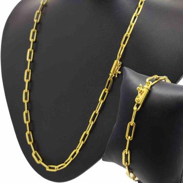 Imagem de Conjunto Banhado Ouro 18k Kartie Cadeado Longo Fecho Gaveta Pulseira + Corrente 5MM - 70CM