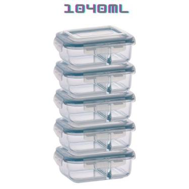 Imagem de Kit 5 Potes de Vidro com Divisória Marmita 4 Travas 1040ml - PRATICASA