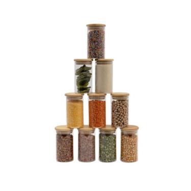 Imagem de kit 10 potes de vidro 300ml com tampa de bambu herméticos redondos - O