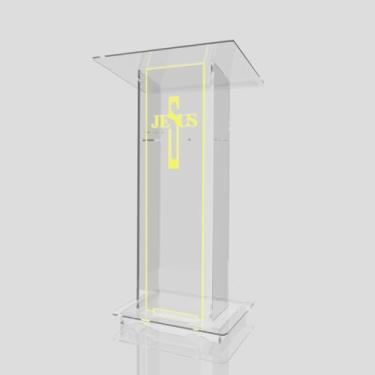 Imagem de Púlpito em Acrílico para Igreja e/ou Eventos com Gravação e Led grátis Mod. Lucas, Transparente (Tradicional, Moderna ou Sem Gravação) Cores em Led (Grav. "Jesus" Moderno, LED AMARELO)