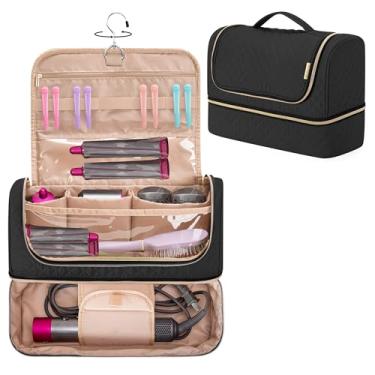 Imagem de YARWO Bolsa de armazenamento de camada dupla compatível com Dyson Airwrap Multi-styler completa longa e acessórios, estojo de viagem portátil com gancho para pendurar acessórios para modelador de cabelo, preto (apenas bolsa)