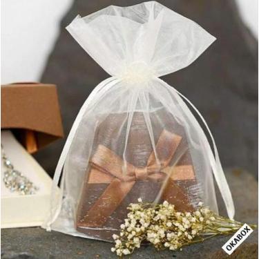 Imagem de 100 Saquinhos Tule Organza Fita Cetim Branco 9x12 Cm - OKABOX