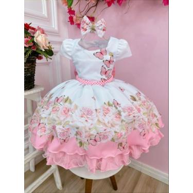 Imagem de Vestido Infantil Branco Jardim das Borboletas Laço e Pérolas Luxo Fest