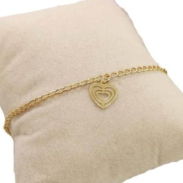 Imagem de Tornozeleira Feminina Folheada A Ouro 18k Pingente Coração Vazado com 