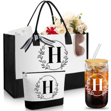 Imagem de Aliceset Presentes iniciais para mulheres, sacola de lona inicial e bolsa de maquiagem personalizada com copos de vidro de 473 ml com tampas e canudos, monograma, pote de bebida, monograma, presentes