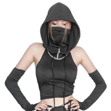 Imagem de Tops de festival feminino rave roupas sexy cropped top com capuz regata Y2K gótico sem mangas roupas costas nuas clube streetwear