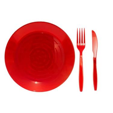 Imagem de 50 Pratos Refeição Redondo + 50 Garfos + 50 Facas Festa Natal Descartáveis Resistentes