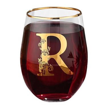Imagem de Taça de vinho com monograma floral sem haste exclusiva gravada com inicial para tinto ou branco 425 g copo de vinho letra R - presentes para mulheres, homens, presentes de aniversário, Natal,