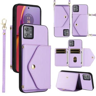 Imagem de Dswteny Capa carteira para Motorola Moto G84 5G com cordão de pulso alça de ombro fina bolsa flip, suporte de cartão de crédito de couro PU de luxo acessórios capa de celular para G 84 2023 mulheres