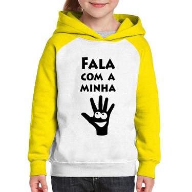 Imagem de Moletom Infantil Fala Com a Minha Mão - Foca na Moda, Branco, Amarelo,