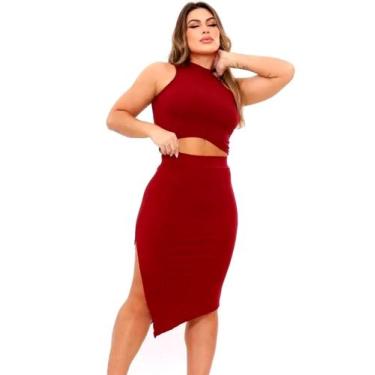 Imagem de Conjunto saia cintura alta com fenda lateral midi cropped sem bojo - R