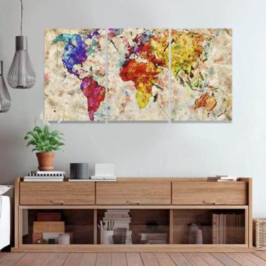 Imagem de Quadro Decorativo Sala 120x60 Mapa Mundi Cores Abstrato Kit - IQuadros
