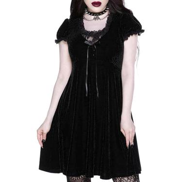 Imagem de Vestido gótico retrô de renda estética feminino veludo harajuu suspender verão vestido linha a vestido de festa de manga curta, preto, l