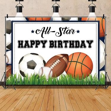 Imagem de Bola de fundo esportivo feliz aniversário All Star Kids Stadium Game Lawn Photography Background Baseball Football Basketball Rugby Retrato decoração de festa mesa de bolo foto estúdio suporte 2,1 x