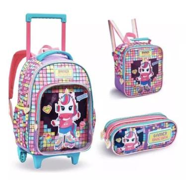 Imagem de Kit Mochila De Rodinha Infantil Menina Escolar Unicornio Game - Denlex