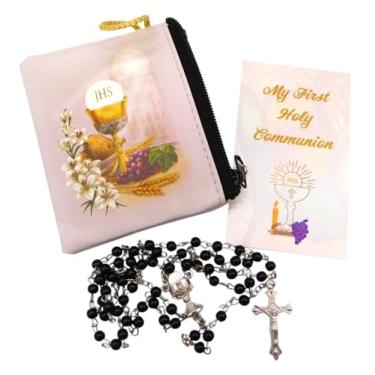 Imagem de Westmon Works Conjunto de presente de rosário de primeira comunhão para meninos com contas de vidro preto com centro de mesa de metal cálice e crucifixo com bolsa de zíper e lembrança de cartão de