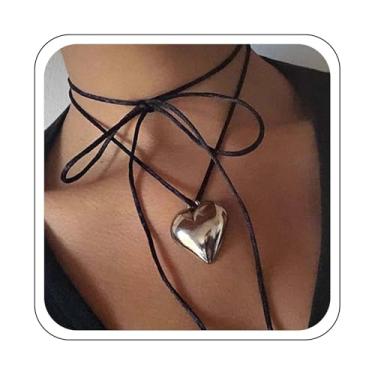 Imagem de YienDoo Colar gargantilha punk de veludo preto com pingente de coração de prata vintage em camadas preto envoltório hippie gótico preto veludo coração amor gargantilha colar joia para mulheres, Zinco,