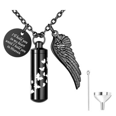 Imagem de Miity Haiy Joias de cremação cilíndrica para cinzas de aço inoxidável borboleta asa de anjo pingente de lembrança urna memorial para animais de estimação humanos, Aço inoxidável, Sem Pedra Preciosa