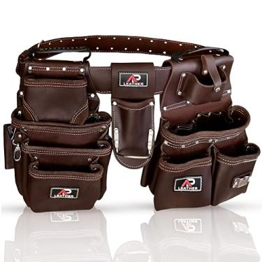 Imagem de AP Leather Cinto de ferramentas masculino – Bolsa de ferramentas de carpinteiro resistente com 29 bolsos, bolsa de ferramentas de couro de flor integral com laços e suporte de martelo – eletricista