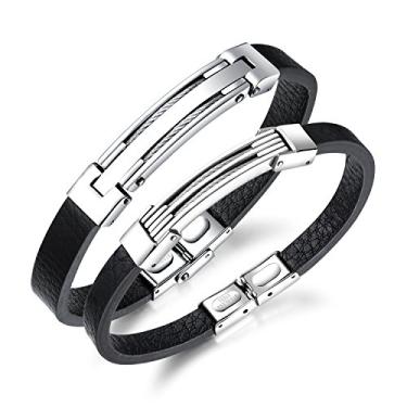 Imagem de Rockyu Pulseira masculina da marca, aço inoxidável, simples, silicone, pulseira masculina, placa, simples, acessório étnico asiático, One Size, Couro de aço inoxidável, Sem Pedra Preciosa