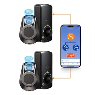 Imagem de Fechadura inteligente sem chave para porta da frente, 2 peças, fechadura de porta de entrada com impressão digital com controle de aplicativo, fechadura biométrica e digital Bluetooth, bateria de 4