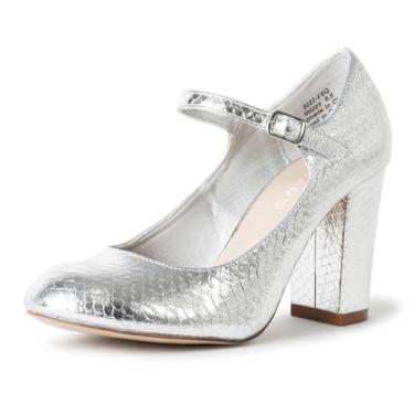 Imagem de J. Adams Salto baixo feminino - salto alto grosso bico redondo Mary Jane, Cobra prata, 37