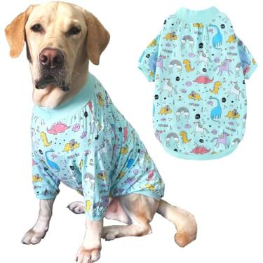 Imagem de PriPre Camisas para cães listradas com padrão de dinossauro, arco-íris, roupas de cachorro de unicórnio para cães grandes médios pequenos roupas de algodão elásticas respiráveis pijamas de cachorro (grande, dinossauro azul)