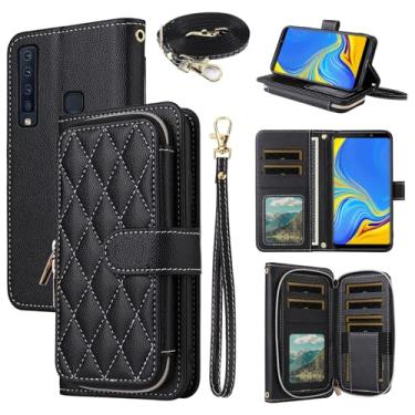 Imagem de Dswteny Argyle Capa carteira para Samsung Galaxy A9 2018 com alça de pulso, alça de ombro, zíper de couro PU, suporte para cartão de crédito, capa para celular 9A Star Pro A9S A920 A920F mulheres