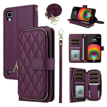Imagem de Furiet Argyle Capa carteira para LG X Power com alça de pulso, 9+ compartimentos para cartão com zíper bolsa de couro PU de luxo capa de celular xadrez para XPower 1 LS755 K450 mulheres meninas roxo