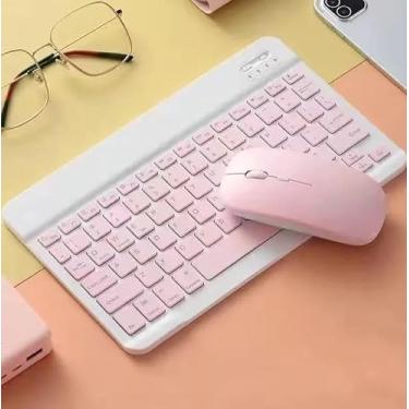 Imagem de Kit Teclado E Mouse Sem Fio Bluetooth Colorido Para Tablet Pc iPad (Rosa)