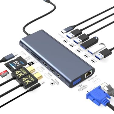 Imagem de Estação de ancoragem USB C 14 em 1, monitor duplo, estação de ancoragem para laptop, 2 HDMI, VGA, Ethernet, 6 portas USB C/A, 100W PD, SD/TF, microfone/áudio, compatível com MacBook, Dell, Lenovo,
