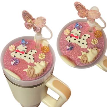 Imagem de Berloque fofo gato mãe cachorro para acessórios Stanley Cup 40/850.5 g copo com tampa de palha de silicone e placa de tampa presentes para mulheres (gato rosa claro, 1,134 g)