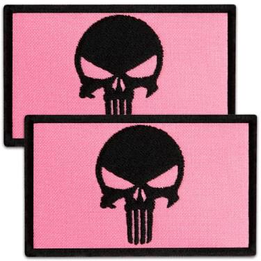 Imagem de Bluyellow 2 peças de patch de caveira rosa, adesivos táticos bordados para mochila militar, colete tático, capacete militar, arnês para cães, airsoft, adesivos de moral com gancho e laço, 2x3