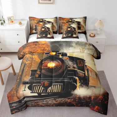 Imagem de Erosebridal Conjunto de cama de trem retrô com motor a vapor, 7 peças, para transporte ferroviário em uma bolsa com lençol para crianças, meninos, adolescentes, homens, outono e folhas caídas