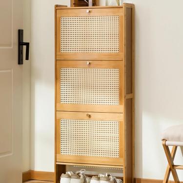 Imagem de Armazenamento de sapatos de entrada, armário de armazenamento de sapatos de vime de bambu, organizador de entrada inclinável, organizador de rack de sapatos de balde basculante independente