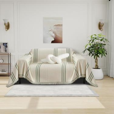 Imagem de DREAMINGO Capa de poltrona lavável, protetor de sofá de chenille para animais de estimação, bege, verde, capa de sofá para 1 almofada listrada jacquard versátil para sofá futon, 180 x 231 cm