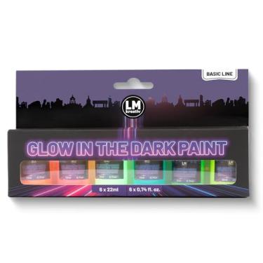 Imagem de LM-Kreativ Conjunto de tintas que brilham no escuro – 6 cores neon fluorescentes (22 ml cada) – tintas luminosas acrílicas neon – adequadas para madeira, tela, vidro, papel – tintas de luz negra para
