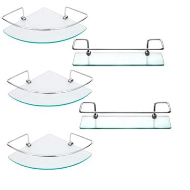 Imagem de Kit 3 Cantoneiras com 2 Porta Shampoo Reto Prateleira Vidro 30cm Incolor 6mm