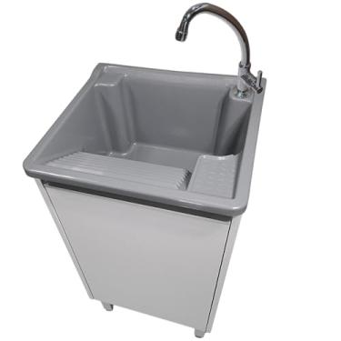 Imagem de Tanque de Lavanderia Plástico 26L com Gabinete MDF e Torneira de Bancada (Cinza)