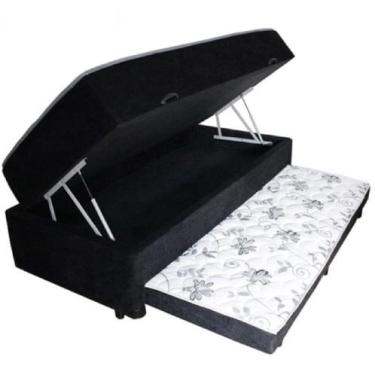 Imagem de Cama Box Baú Solteiro Conjugada de Mola com Cama Auxiliar Bicama 3 em 1 Suede Preto