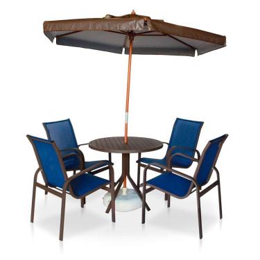 Imagem de Conjunto 1 Mesa + 4 Cadeiras Em Alumínio + 1 Ombrelone Marrom De 2 Metros - Marrom Com Tela Preta