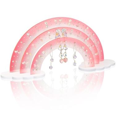 Imagem de NiHome Organizador de brincos de acrílico arco-íris de cor gradiente de 3 camadas, 35,5 cm L x 16 cm A, design leve e durável, 140 furos para 70 pares, fileira frontal exclusiva para brincos especiais
